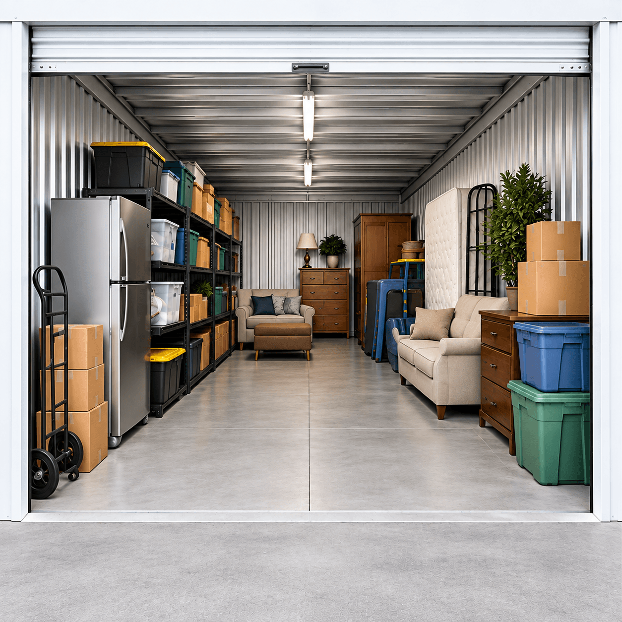 Inside an open storage unit with shelving, boxes, bins, and furniture neatly arranged